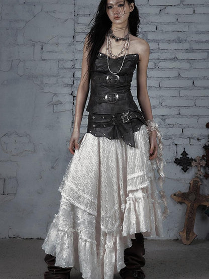 Punk Lace Bustier Skirt Two-Way Wrap Gothic Plaid Dresses