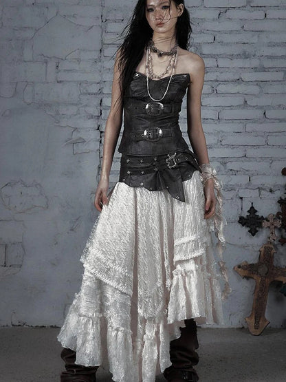 Punk Lace Bustier Skirt Two-Way Wrap Gothic Plaid Dresses