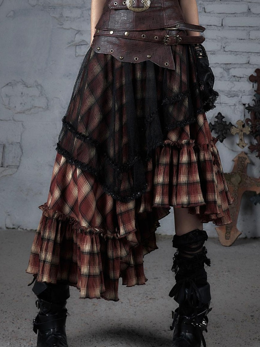Punk Lace Bustier Skirt Two-Way Wrap Gothic Plaid Dresses