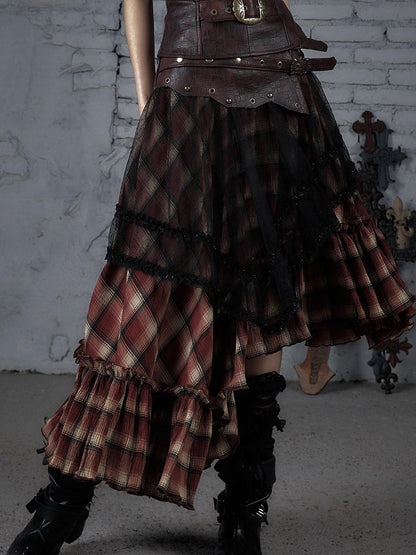 Punk Lace Bustier Skirt Two-Way Wrap Gothic Plaid Dresses
