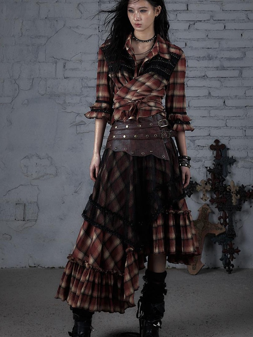 Punk Lace Bustier Skirt Two-Way Wrap Gothic Plaid Dresses