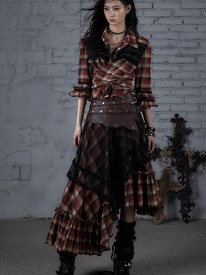 Punk Lace Bustier Skirt Two-Way Wrap Gothic Plaid Dresses