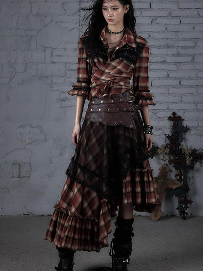 Punk Lace Bustier Skirt Two-Way Wrap Gothic Plaid Dresses