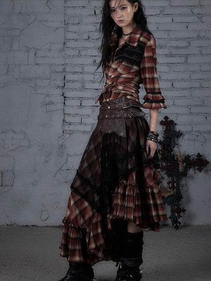 Punk Lace Bustier Skirt Two-Way Wrap Gothic Plaid Dresses