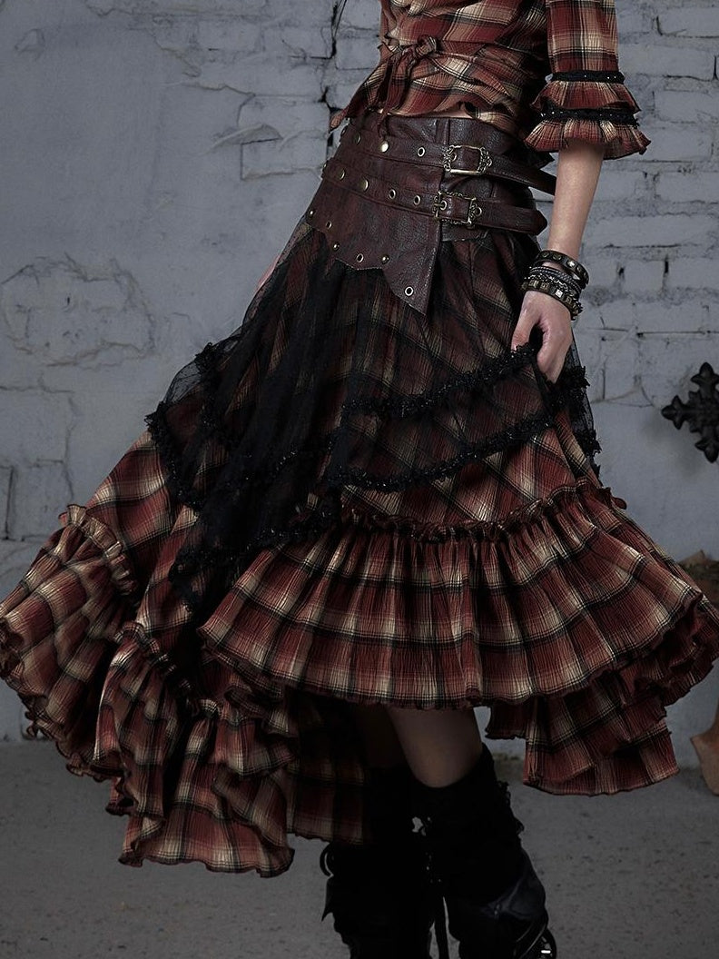 Punk Lace Bustier Skirt Two-Way Wrap Gothic Plaid Dresses