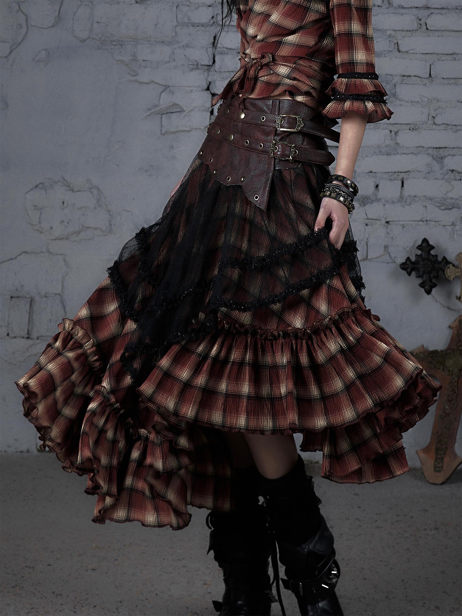 Punk Lace Bustier Skirt Two-Way Wrap Gothic Plaid Dresses