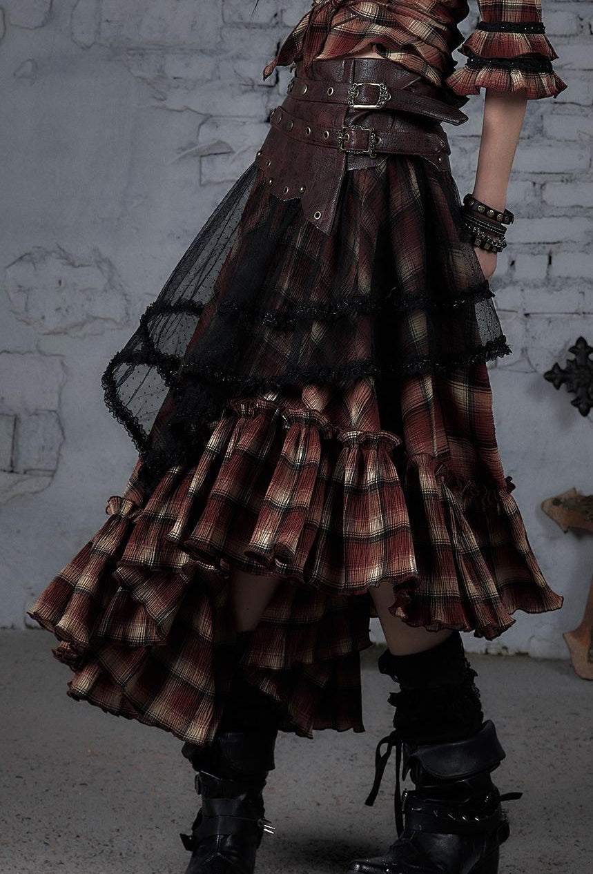 Punk Lace Bustier Skirt Two-Way Wrap Gothic Plaid Dresses