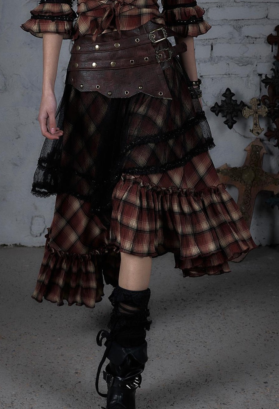 Punk Lace Bustier Skirt Two-Way Wrap Gothic Plaid Dresses