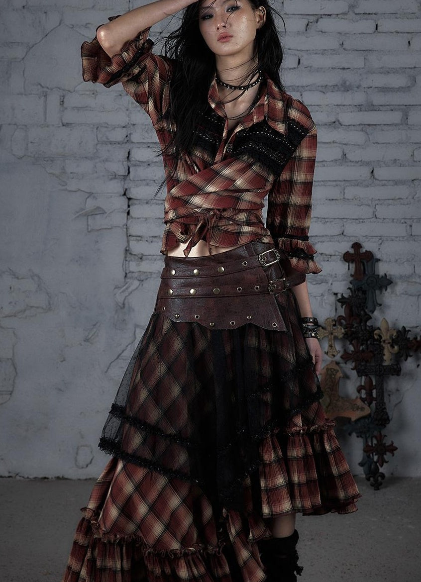 Punk Lace Bustier Skirt Two-Way Wrap Gothic Plaid Dresses