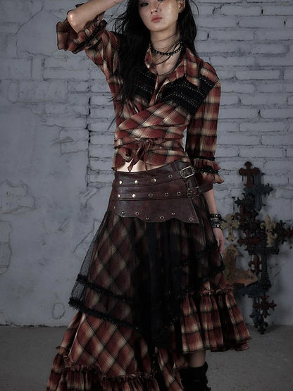 Punk Lace Bustier Skirt Two-Way Wrap Gothic Plaid Dresses