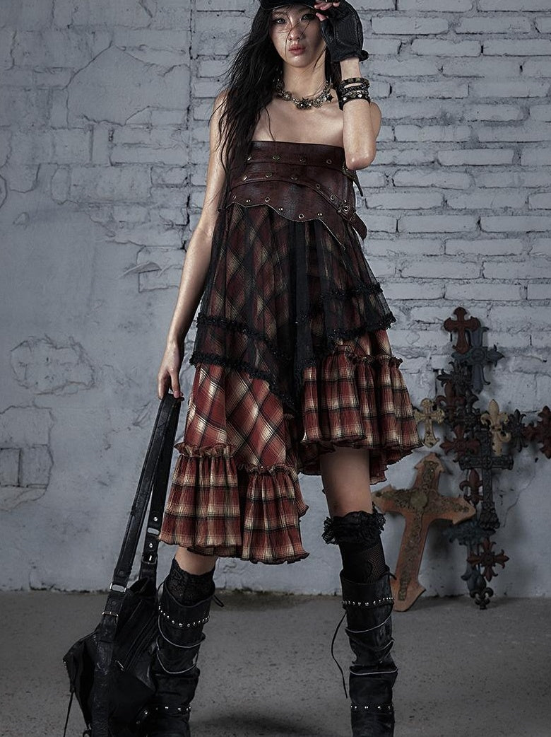 Punk Lace Bustier Skirt Two-Way Wrap Gothic Plaid Dresses