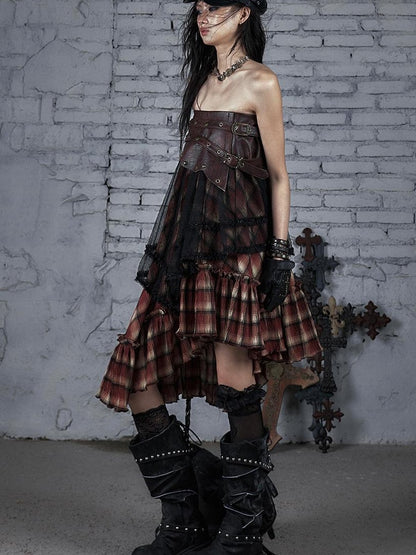Punk Lace Bustier Skirt Two-Way Wrap Gothic Plaid Dresses