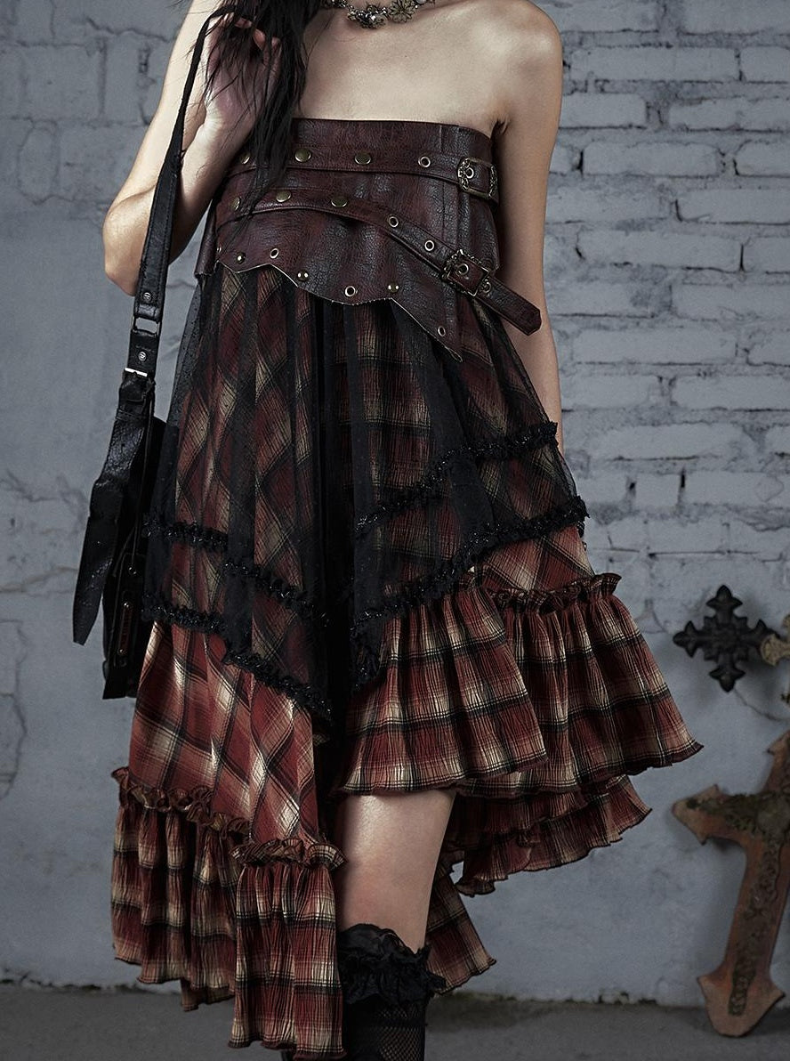 Punk Lace Bustier Skirt Two-Way Wrap Gothic Plaid Dresses