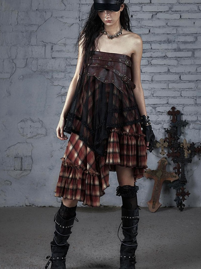 Punk Lace Bustier Skirt Two-Way Wrap Gothic Plaid Dresses