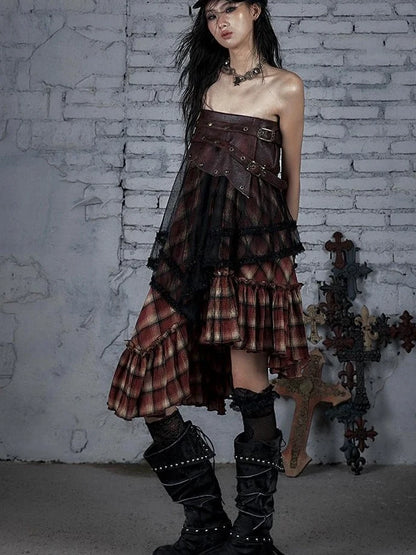 Punk Lace Bustier Skirt Two-Way Wrap Gothic Plaid Dresses