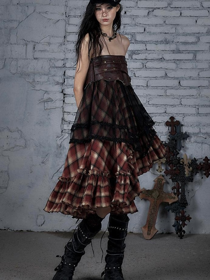 Punk Lace Bustier Skirt Two-Way Wrap Gothic Plaid Dresses