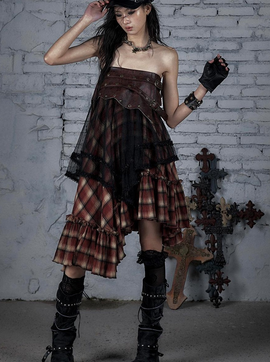 Punk Lace Bustier Skirt Two-Way Wrap Gothic Plaid Dresses