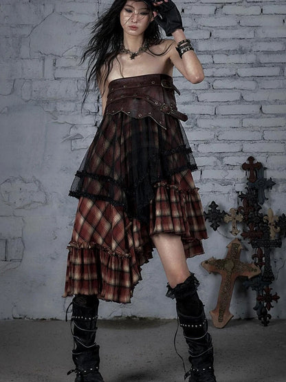 Punk Lace Bustier Skirt Two-Way Wrap Gothic Plaid Dresses
