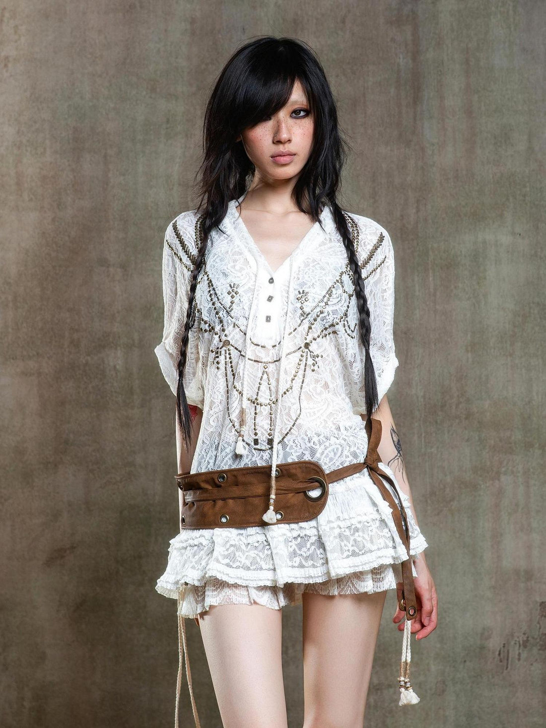ARIADNAw Punk Lace Shirt Dress With Vintage Diamond Cut