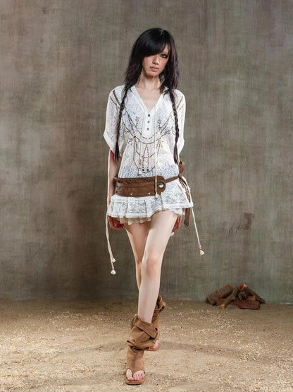 ARIADNAw Punk Lace Shirt Dress With Vintage Diamond Cut