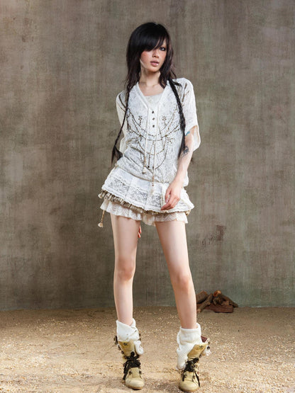 ARIADNAw Punk Lace Shirt Dress With Vintage Diamond Cut