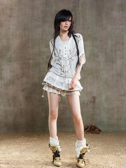 Punk Lace Shirt Dress With Vintage Diamond Cut