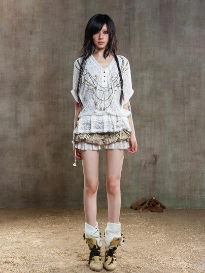 Punk Lace Shirt Dress With Vintage Diamond Cut