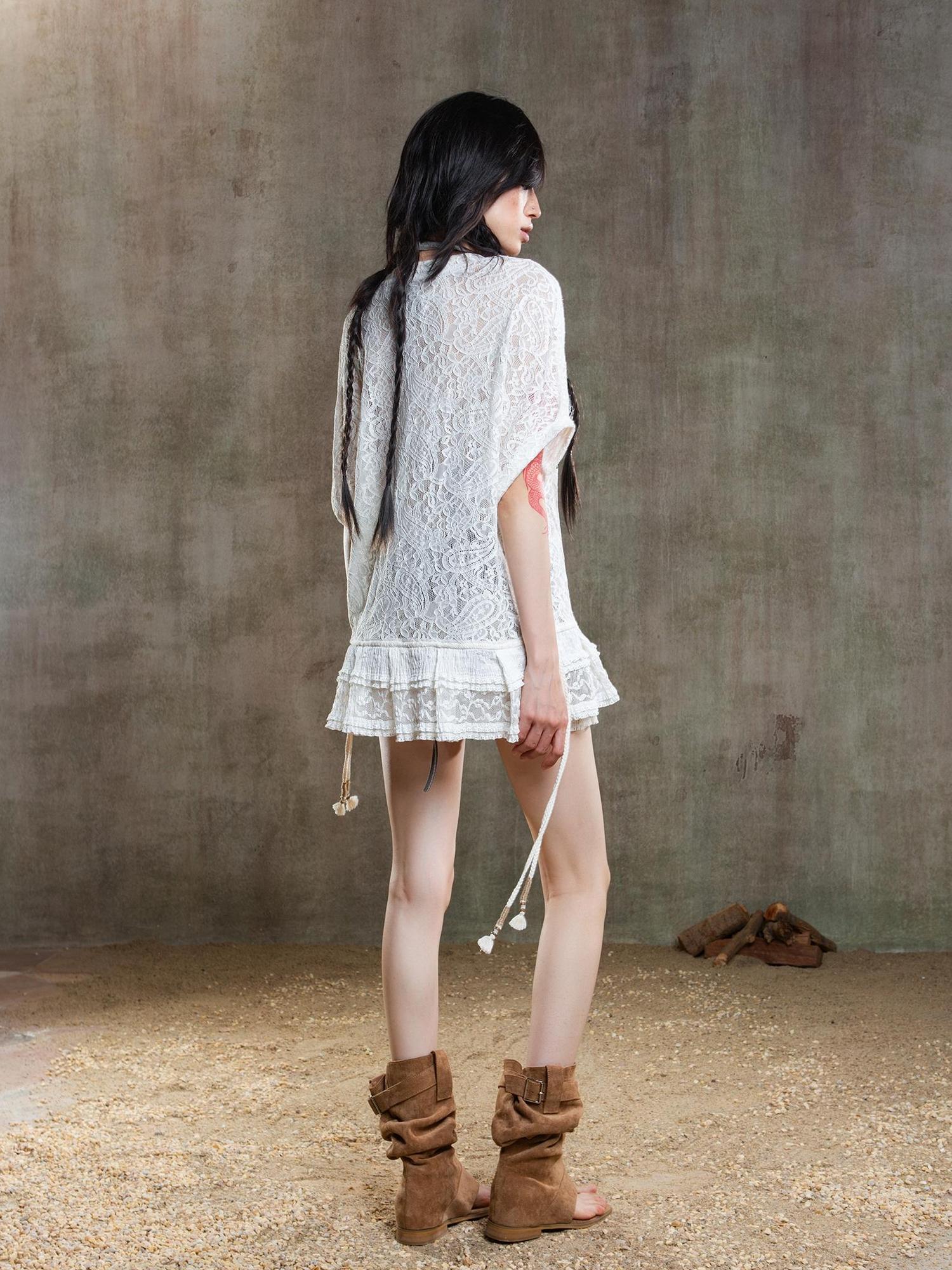 ARIADNAw Punk Lace Shirt Dress With Vintage Diamond Cut