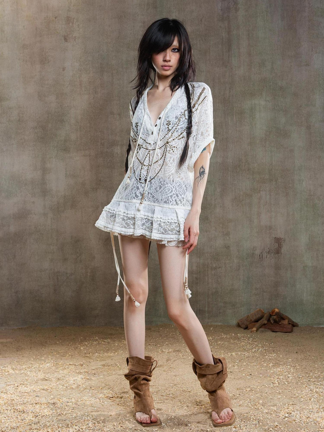 ARIADNAw Punk Lace Shirt Dress With Vintage Diamond Cut