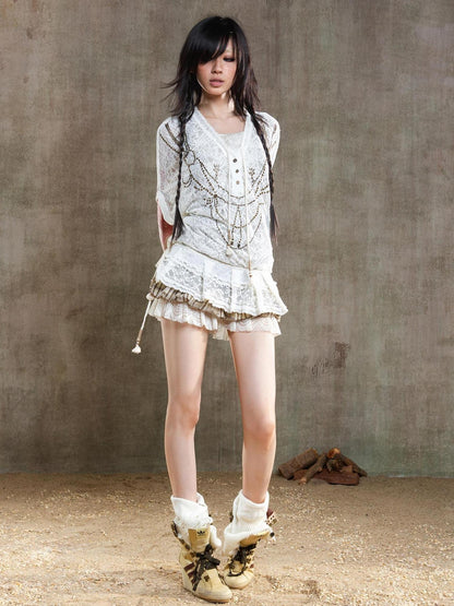 ARIADNAw Punk Lace Shirt Dress With Vintage Diamond Cut