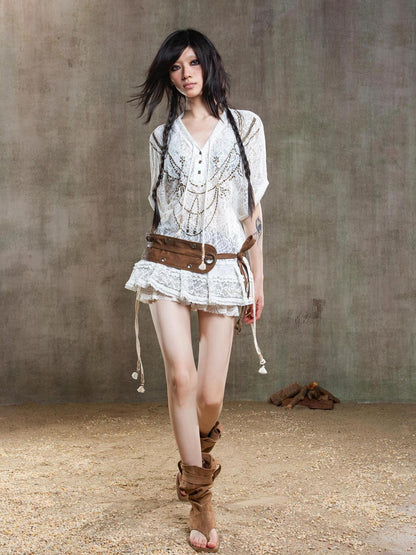 ARIADNAw Punk Lace Shirt Dress With Vintage Diamond Cut