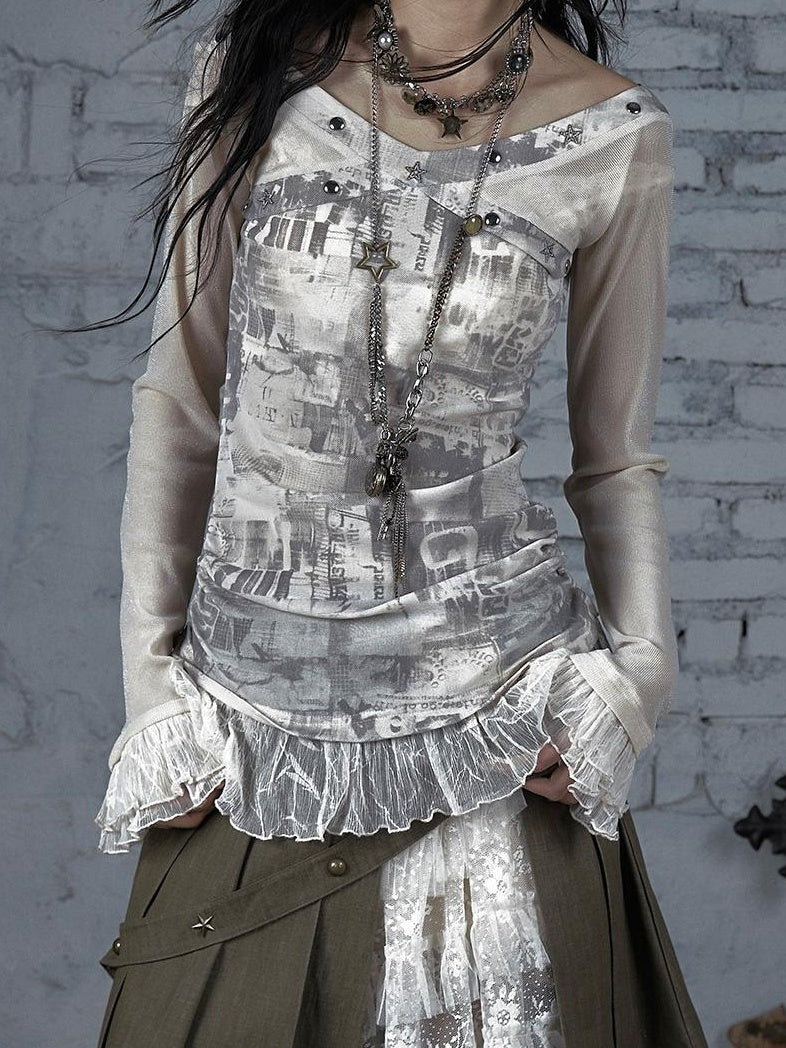 NO ROMANCE Punk Mesh Long Sleeve T-Shirt Women Spring Stretch Slim Fit Tee