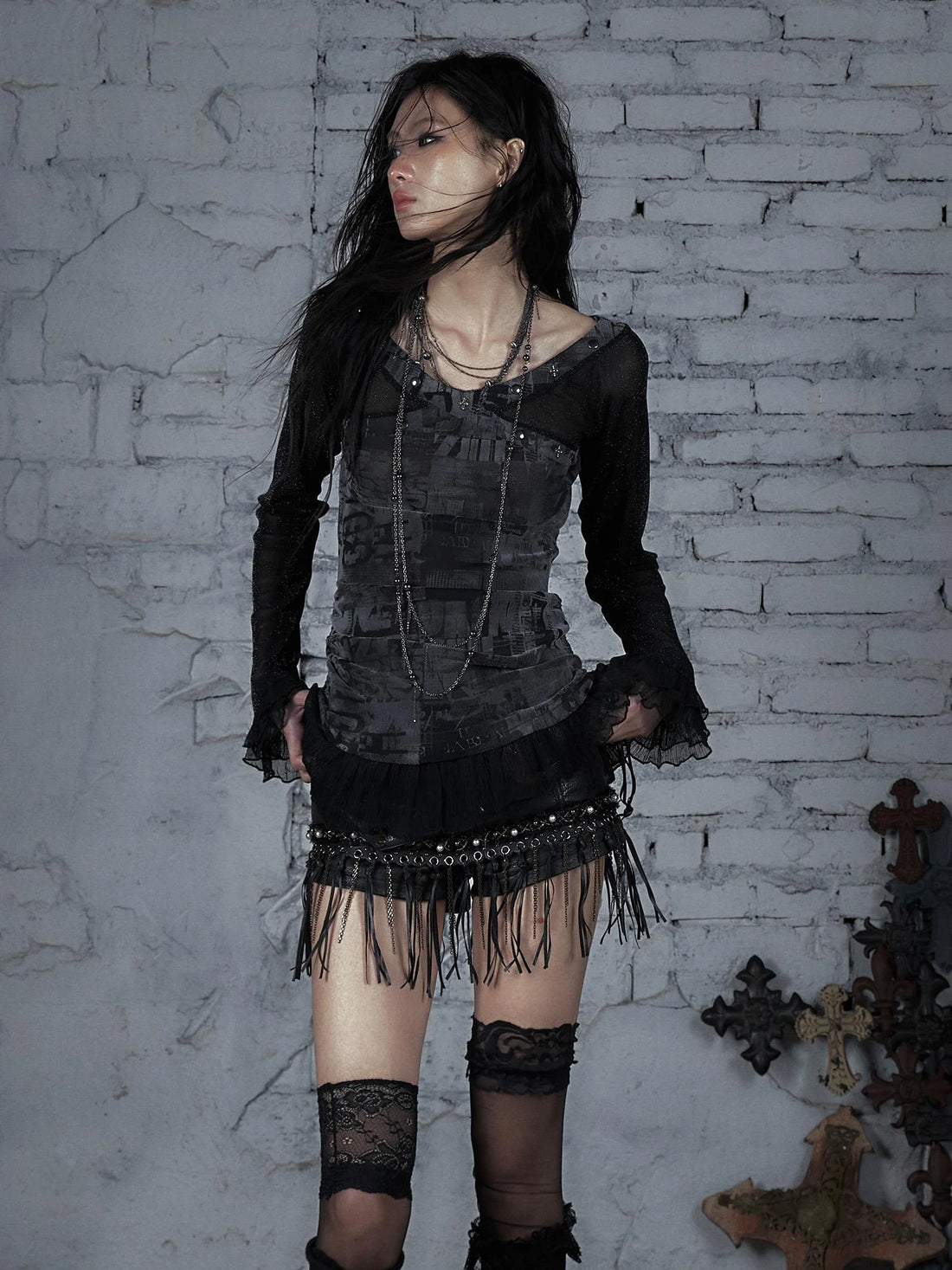 Punk Mesh Long Sleeve T-Shirt Women Spring Stretch Slim Fit Tee