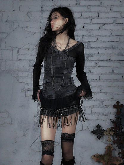 Punk Mesh Long Sleeve T-Shirt Women Spring Stretch Slim Fit Tee