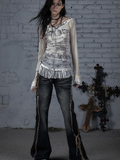 NO ROMANCE Punk Mesh Long Sleeve T-Shirt Women Spring Stretch Slim Fit Tee