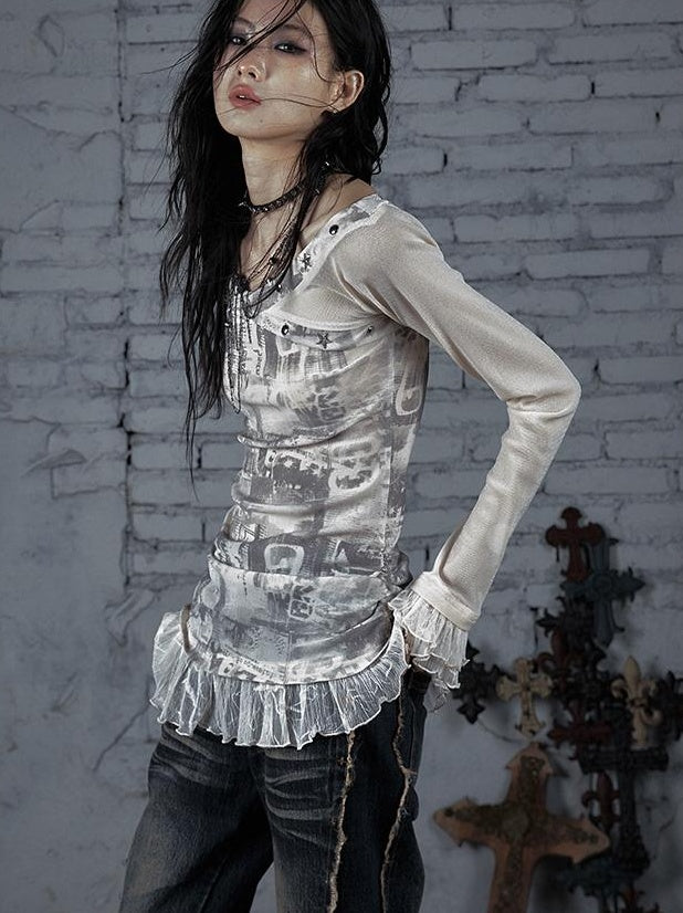 NO ROMANCE Punk Mesh Long Sleeve T-Shirt Women Spring Stretch Slim Fit Tee