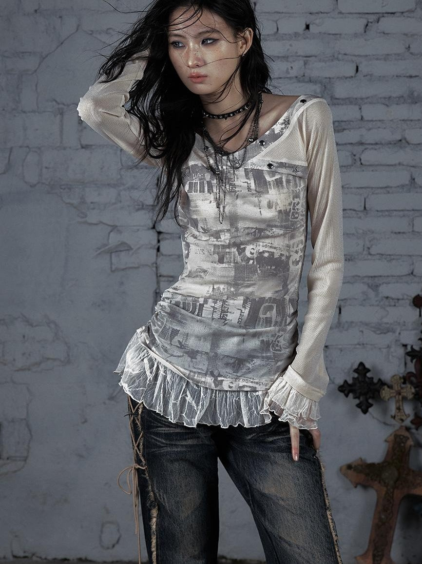 NO ROMANCE Punk Mesh Long Sleeve T-Shirt Women Spring Stretch Slim Fit Tee