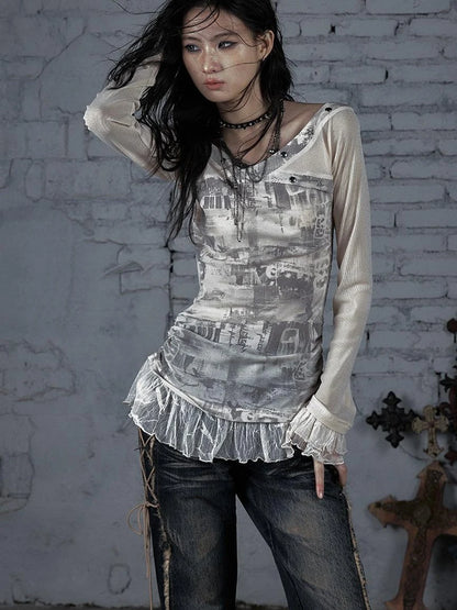 Punk Mesh Long Sleeve T-Shirt Women Spring Stretch Slim Fit Tee