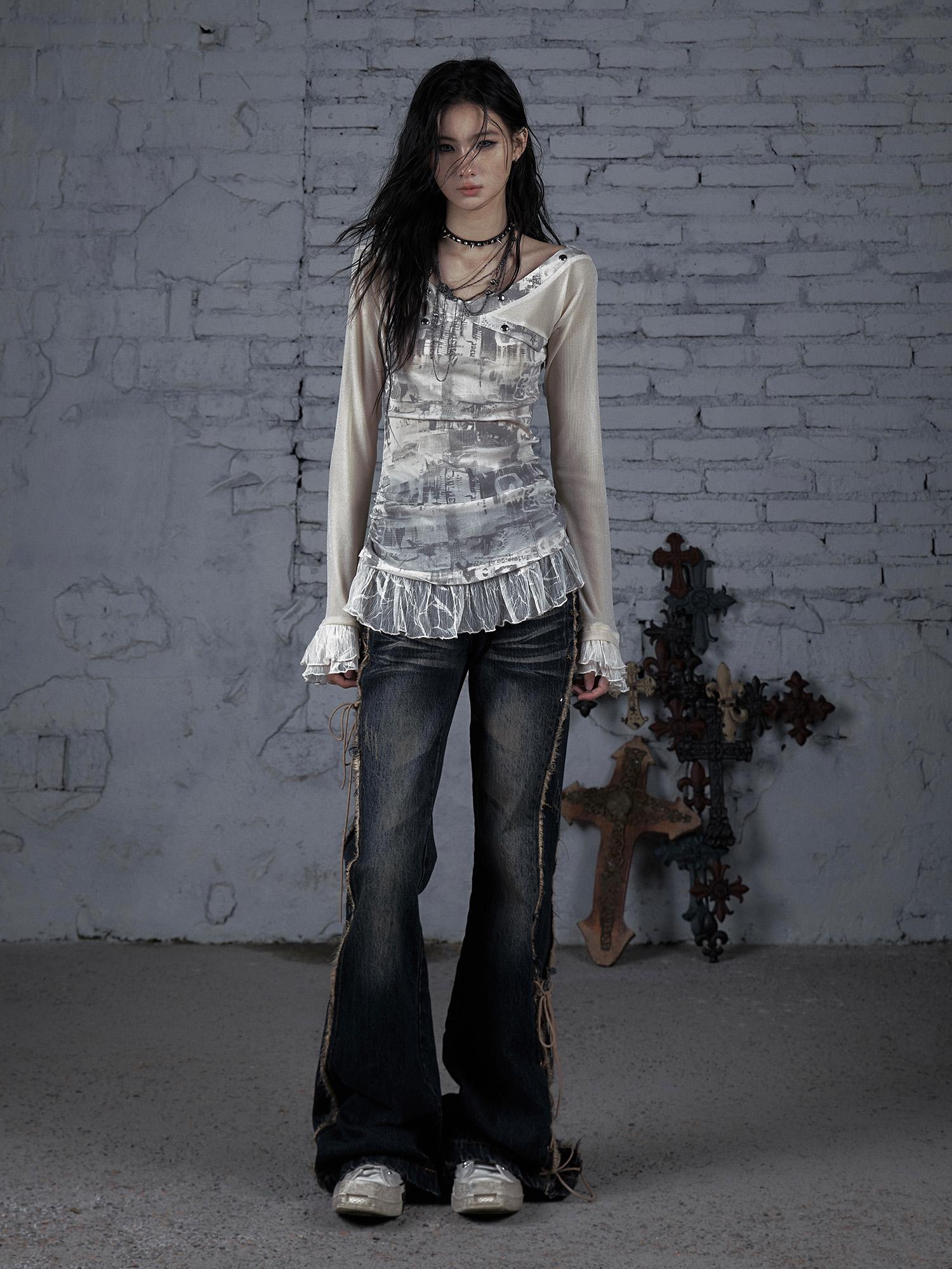 NO ROMANCE Punk Mesh Long Sleeve T-Shirt Women Spring Stretch Slim Fit Tee