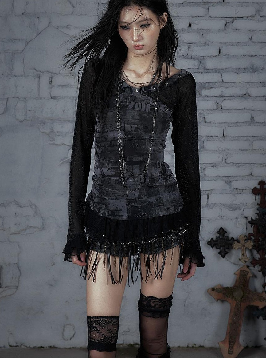 NO ROMANCE Punk Mesh Long Sleeve T-Shirt Women Spring Stretch Slim Fit Tee