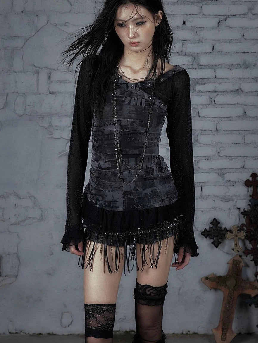 Punk Mesh Long Sleeve T-Shirt Women Spring Stretch Slim Fit Tee