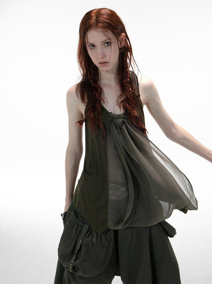 DoublePunch Punk Metal Trim Loose A-Line Baby Vest With Dangling Collar