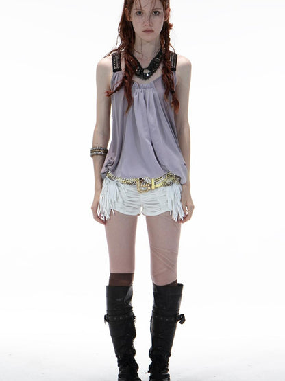 DoublePunch Punk Metal Trim Loose A-Line Baby Vest With Dangling Collar