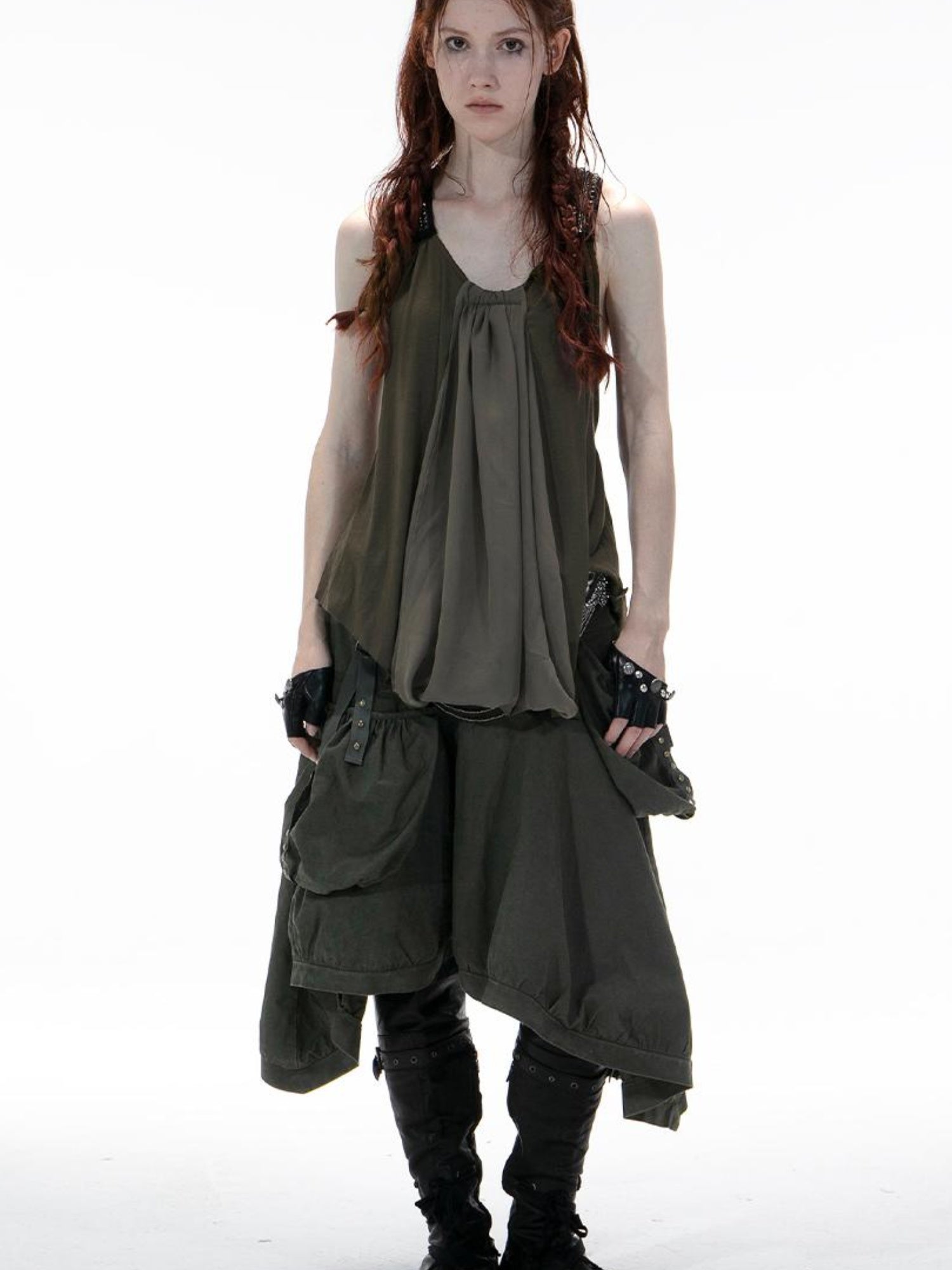 DoublePunch Punk Metal Trim Loose A-Line Baby Vest With Dangling Collar