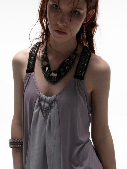 DoublePunch Punk Metal Trim Loose A-Line Baby Vest With Dangling Collar
