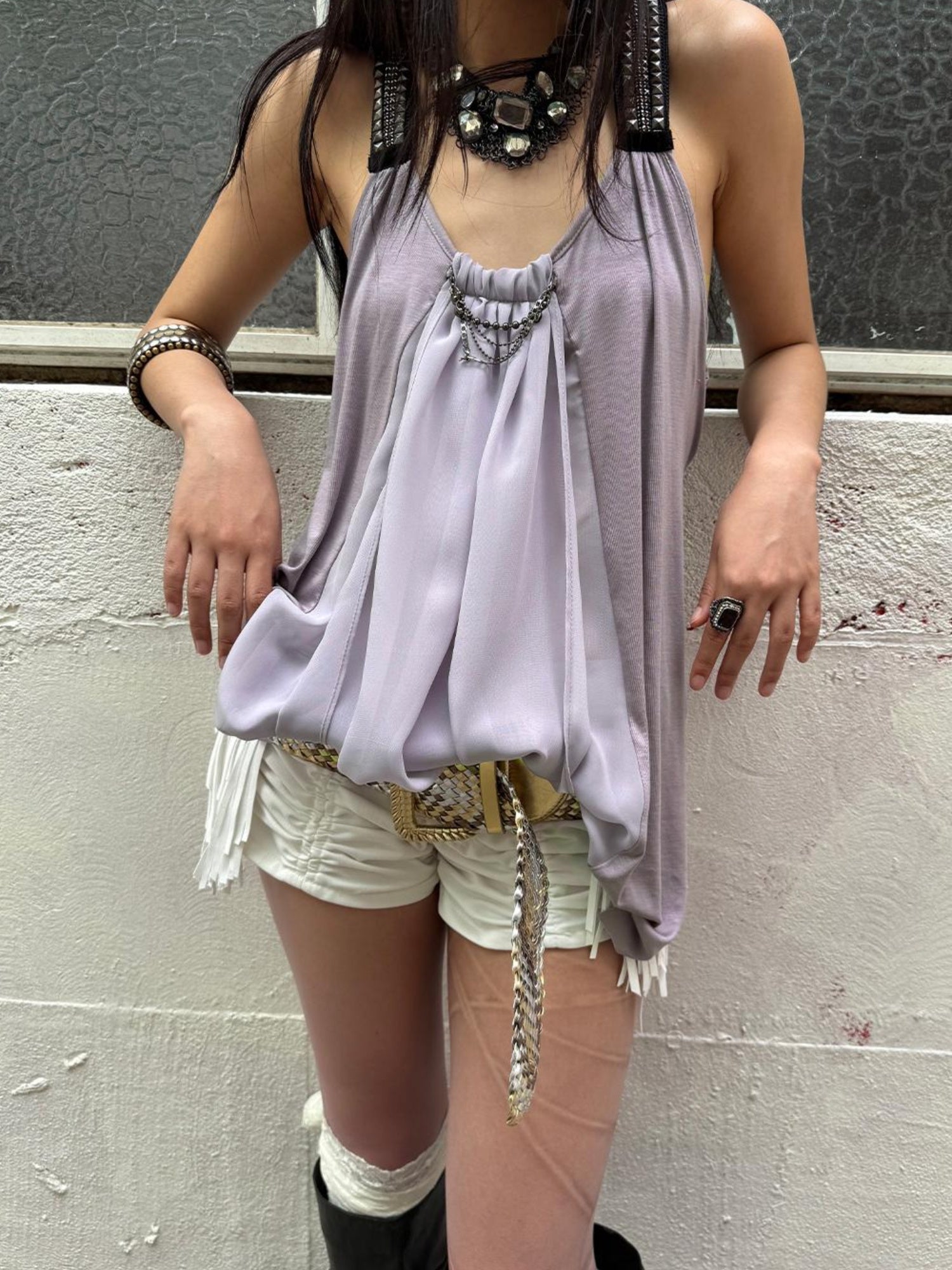 DoublePunch Punk Metal Trim Loose A-Line Baby Vest With Dangling Collar