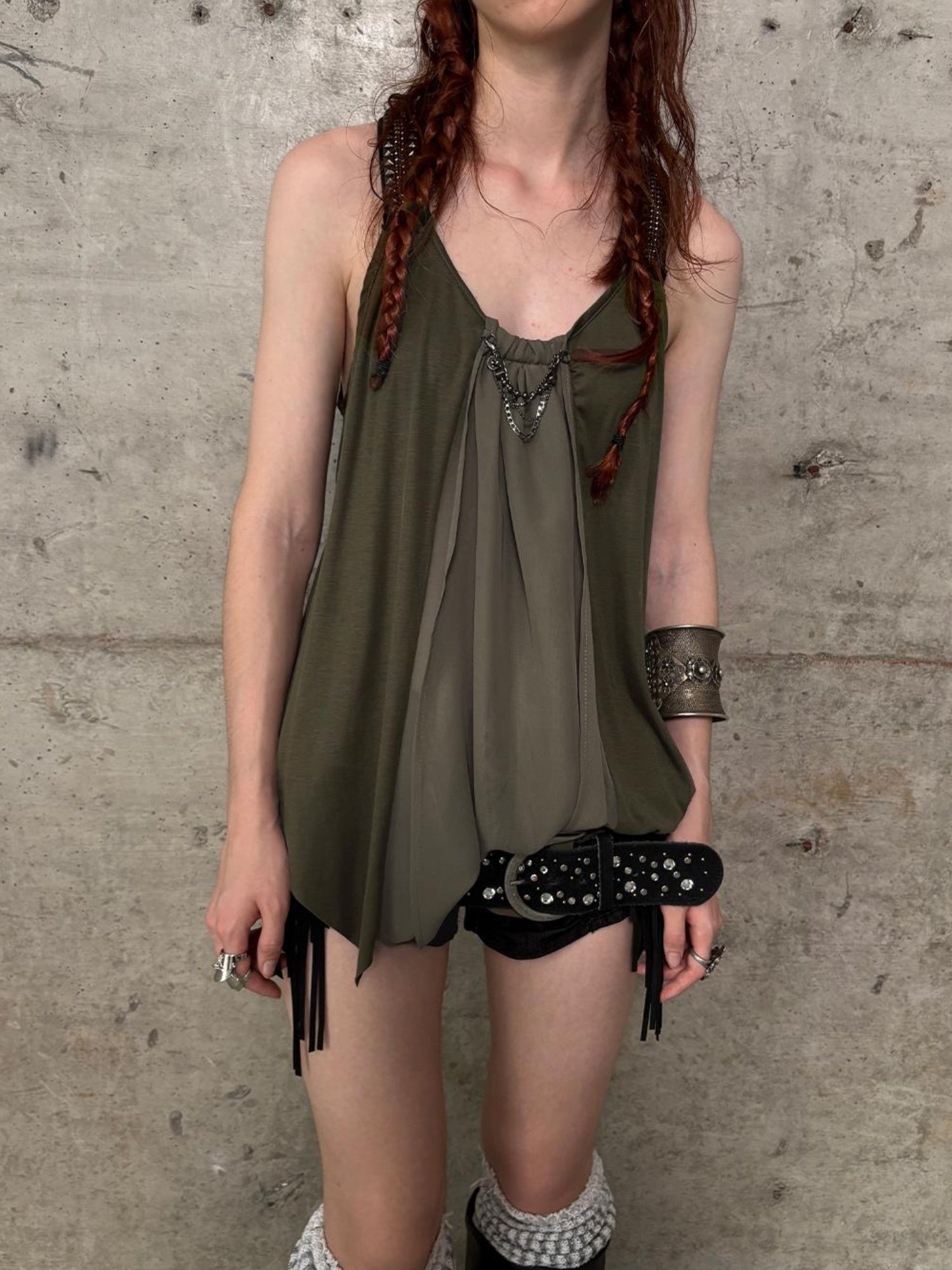DoublePunch Punk Metal Trim Loose A-Line Baby Vest With Dangling Collar