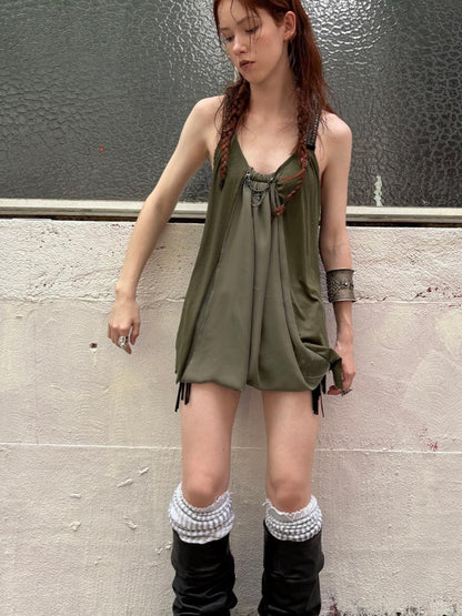 DoublePunch Punk Metal Trim Loose A-Line Baby Vest With Dangling Collar