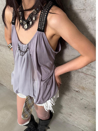 DoublePunch Punk Metal Trim Loose A-Line Baby Vest With Dangling Collar