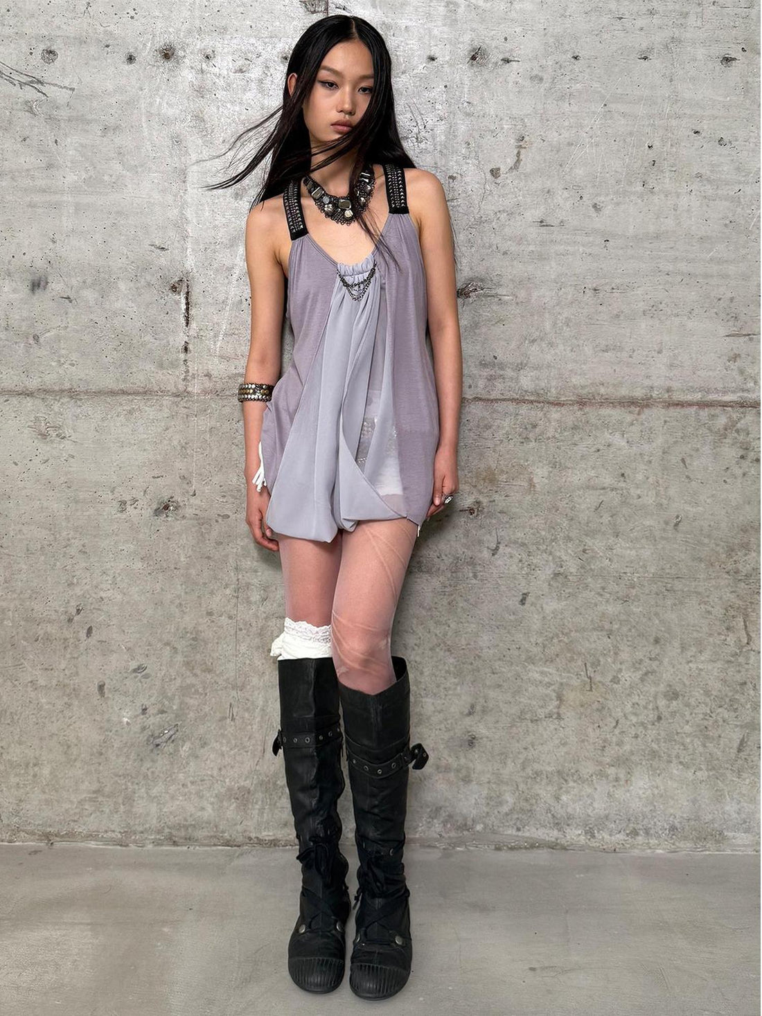 DoublePunch Punk Metal Trim Loose A-Line Baby Vest With Dangling Collar